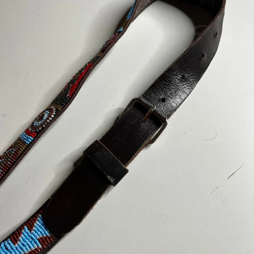Vintage Southwestern Beaded Leather Belt Brown Geometric Native Style 33-37 Inch